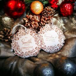 Personalised Wooden Bauble Family Christmas Tree Decoration - First Time Married, Engaged, in New Home Festive Wreath Gift Tag - thumbnail 2