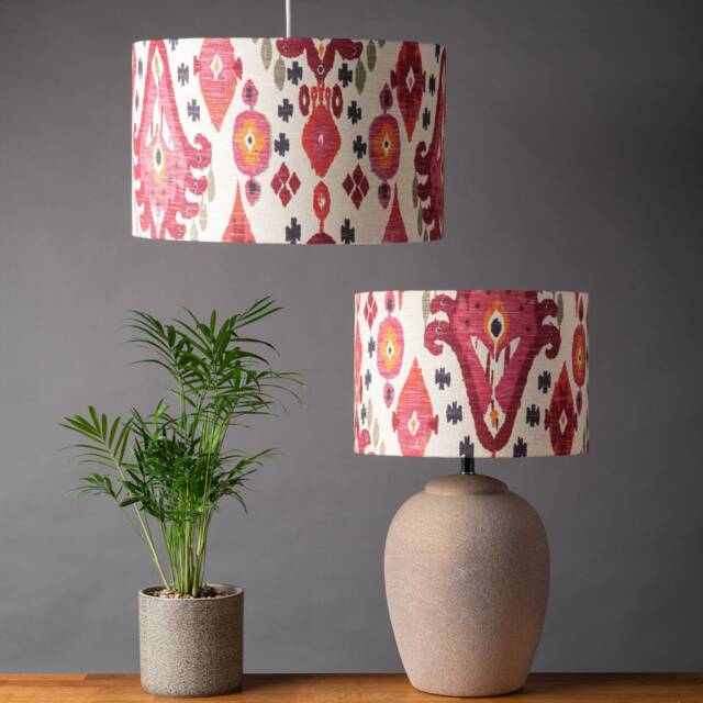 Heavyweight Linen-Blend Ikat Lampshade. Bright Pink & Orange Moroccan Inspired Geometric Design, Cylinder Style Shade. 30cm & 40cm Sizes - image 1