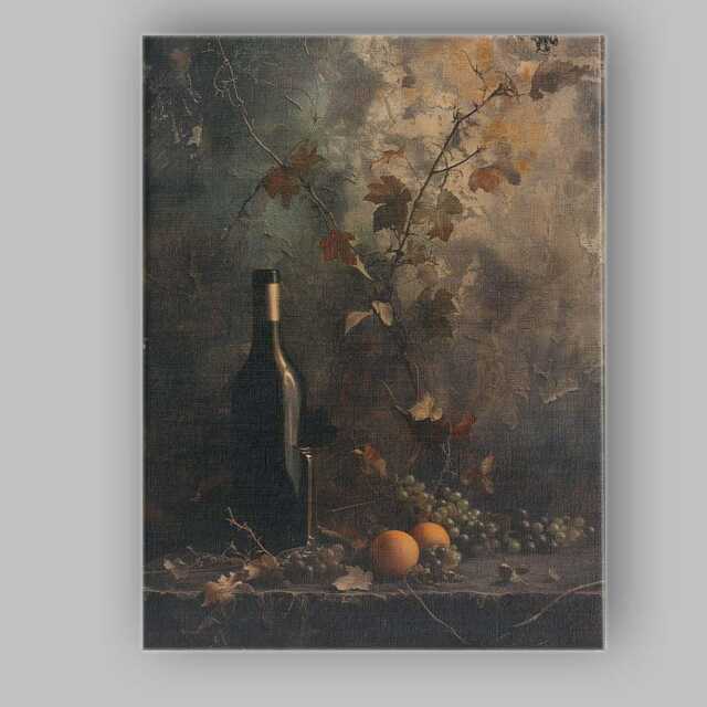 Rustic Wine Bottle Grapes Moody Botanical Still Life Canvas Wall Art Print Decor Picture Ready To Hang - image 1