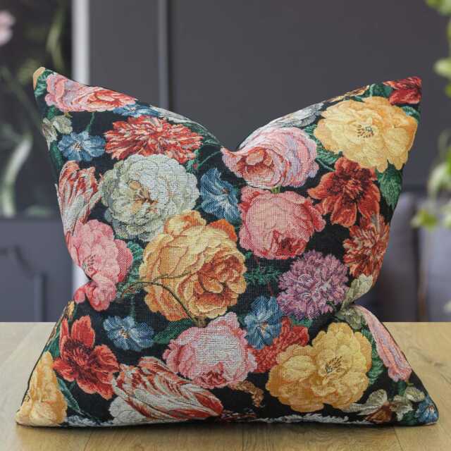 Tapestry Rose Garden Cushion. Dutch Flower Painting Design - Tulips, Butterflies, Peonies & Insects With A Velvet Backing. 17x17 - image 1