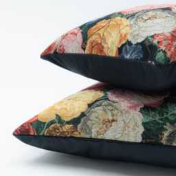 Tapestry Rose Garden Cushion. Dutch Flower Painting Design - Tulips, Butterflies, Peonies & Insects With A Velvet Backing. 17x17 - thumbnail 2