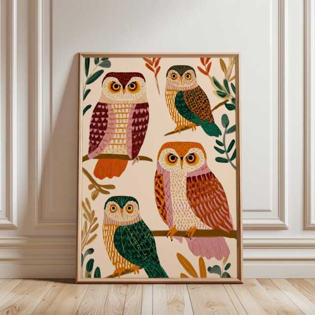 Autumn Owl Poster - Folk Bird Illustration Art Woodland Animal Wall Print - image 1