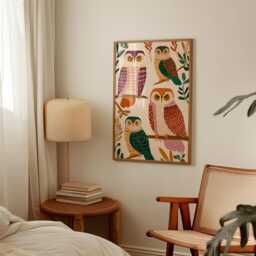 Autumn Owl Poster - Folk Bird Illustration Art Woodland Animal Wall Print - thumbnail 2