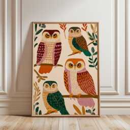 Autumn Owl Poster - Folk Bird Illustration Art Woodland Animal Wall Print - thumbnail 1