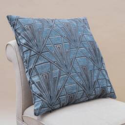 Art Deco Geometric Extra-Large Cushion. Steel Blue & Silver Vintage Design. Luxury Velvet Chenille. 23X23 - thumbnail 1