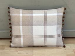 Balmoral Tartan Plaid Throw Pillow Cover Beige Tweed With Pompom Trim - thumbnail 1