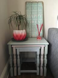 Sold Please Contact For Custom Orders Nest Of 3 Solid Wood Stacking Tables, Pastel Shades Green, Pink & Blue