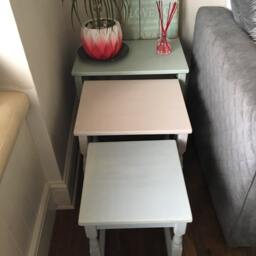 Sold Please Contact For Custom Orders Nest Of 3 Solid Wood Stacking Tables, Pastel Shades Green, Pink & Blue - thumbnail 3