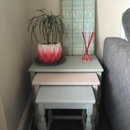 Sold Please Contact For Custom Orders Nest Of 3 Solid Wood Stacking Tables, Pastel Shades Green, Pink & Blue - thumbnail 2