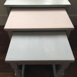 Sold Please Contact For Custom Orders Nest Of 3 Solid Wood Stacking Tables, Pastel Shades Green, Pink & Blue - thumbnail 4