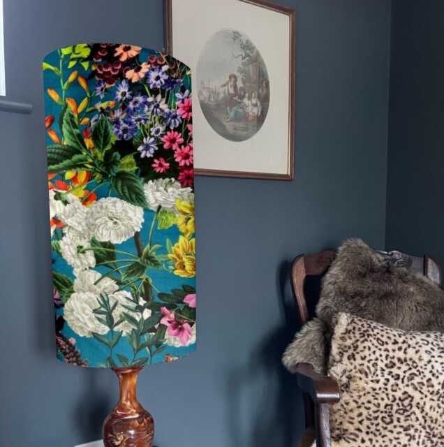 Teal Flowers Velvet Cylinder Lampshade, Extra Tall Lampshade Summer Garden Floral Teal Velvet - image 1