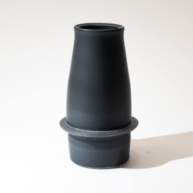Hand Thrown Vase Form Stoneware Fired in A Satin Finish Semi-Matte Black Glaze With Manganese Oxide Stained Flange Ring - image 1