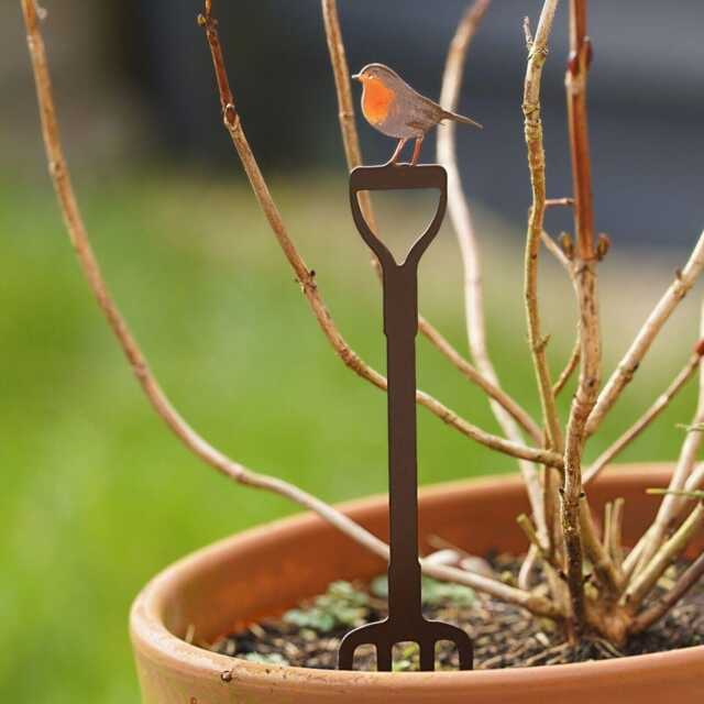 Mini Robin On Fork Metal Garden Stake - Outdoor Bird Sculpture - Rustic Decor Robins Ornament For Plant Pots - image 1