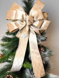 Gold Champagne Velvet Bow Wreath Christmas Tree Topper Harlequin Lantern Bow Xmas Decorations Wedding - thumbnail 1
