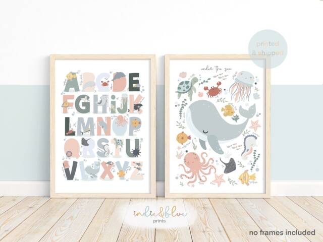 Set Of 2 Sea Animals Print, Alphabet Under The Ocean Prints, Nursery Whale Numbers Print - image 1
