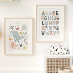 Set Of 2 Sea Animals Print, Alphabet Under The Ocean Prints, Nursery Whale Numbers Print - thumbnail 3