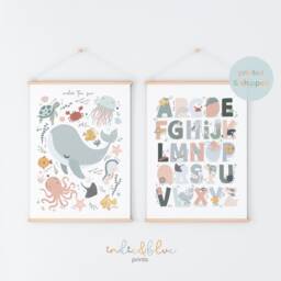Set Of 2 Sea Animals Print, Alphabet Under The Ocean Prints, Nursery Whale Numbers Print - thumbnail 2