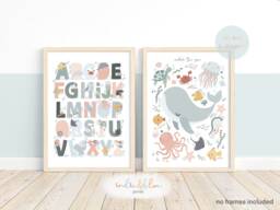 Set Of 2 Sea Animals Print, Alphabet Under The Ocean Prints, Nursery Whale Numbers Print - thumbnail 1