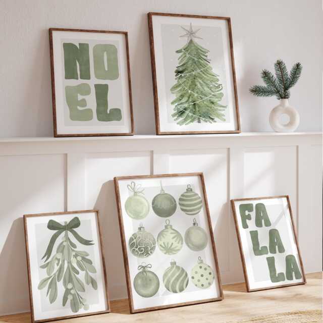 Christmas Wall Art Prints Set - Green Decor Posters Winter Gallery Watercolour Xmas Decoration - Seasonal Home - image 1