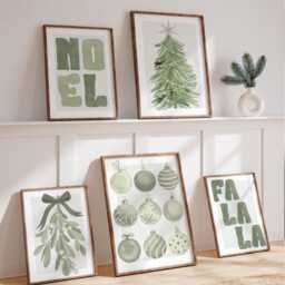 Christmas Wall Art Prints Set - Green Decor Posters Winter Gallery Watercolour Xmas Decoration - Seasonal Home - thumbnail 1