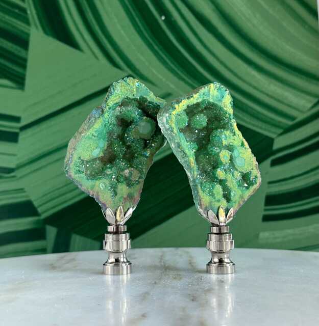 Iridescent Split Geode Lamp Finials On Shiny Chrome Hardware - A Matching Pair Of Titanium Quartz Toppers in Green - image 1