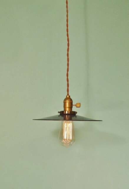 Vintage Industrial Hanging Light - Machine Age Minimalist Bare Bulb Pendant Lamp, Flat Steel Shade - image 1