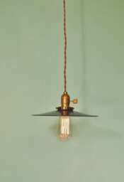 Vintage Industrial Hanging Light - Machine Age Minimalist Bare Bulb Pendant Lamp, Flat Steel Shade - thumbnail 1