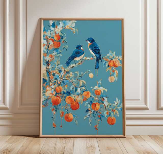 Blue Birds & Peaches Poster, Colourful Botanical Wall Art Print in Modern Illustration Style - image 1