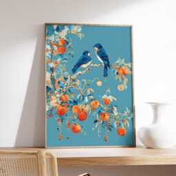 Blue Birds & Peaches Poster, Colourful Botanical Wall Art Print in Modern Illustration Style - thumbnail 2