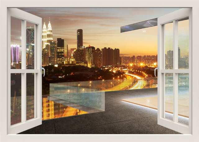 Modern City Wall Decal, Kuala Lumpur Night View Mural, 3D Window Sticker Decor