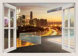 Modern City Wall Decal, Kuala Lumpur Night View Mural, 3D Window Sticker Decor