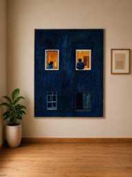 Hand Tufted Wall Rug Art, Abstract Night Window Scene, Blue Minimalist Textile Hanging, Modern Aesthetic Home Decor, Handmade Wool - thumbnail 1