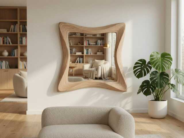 Live Edge Mirror. Organic Wavy Wooden Mirror - Sculptural Modern Wall Handcrafted Natural Wood - image 1