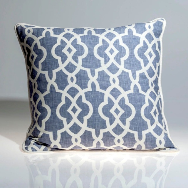 Schumacher Summer Palace Linen Pillow Cover, Blue Geometric Fretwork - image 1