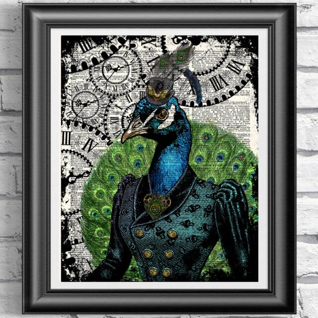 Peacock Print, Steampunk Art Bird Book Page Wall Decor Poster - image 1
