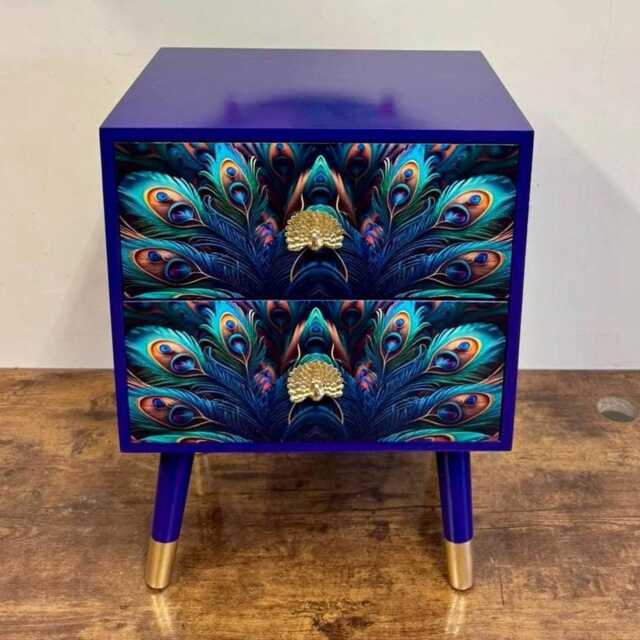 Peacock Square Two Drawer Side Table, Navy Blue Nightstand With Storage & Gold Accent. Jewel Colour - image 1