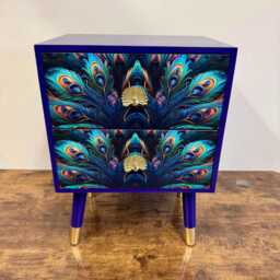 Peacock Square Two Drawer Side Table, Navy Blue Nightstand With Storage & Gold Accent. Jewel Colour - thumbnail 3