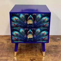 Peacock Square Two Drawer Side Table, Navy Blue Nightstand With Storage & Gold Accent. Jewel Colour