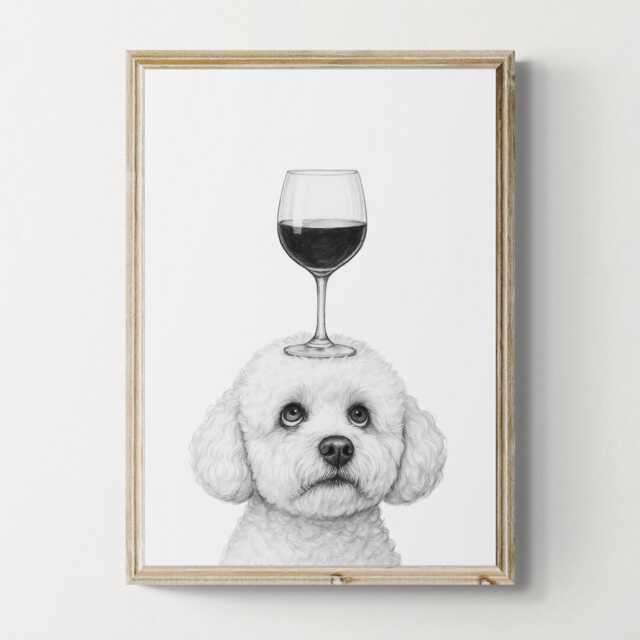 Bichon Frise Dog Art Print, Funny & Wine Drawing, Lover Wall Decor, Lovers Gifts - image 1