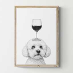 Bichon Frise Dog Art Print, Funny & Wine Drawing, Lover Wall Decor, Lovers Gifts - thumbnail 1