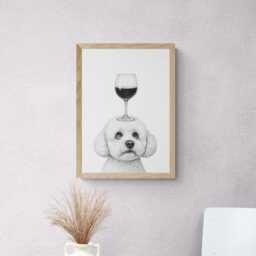 Bichon Frise Dog Art Print, Funny & Wine Drawing, Lover Wall Decor, Lovers Gifts - thumbnail 2