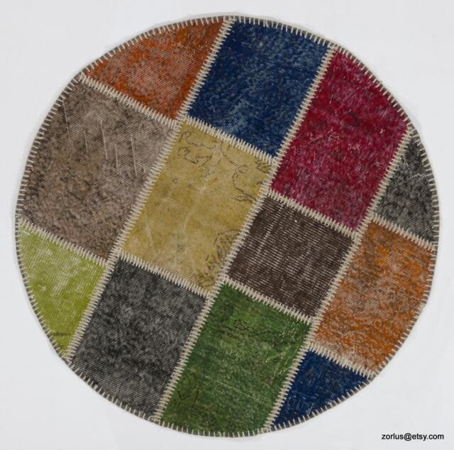 Handmade Round Turkish Patchwork Rug Colorful Wool Rug - image 1