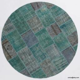 Handmade Round Turkish Patchwork Rug Colorful Wool Rug - thumbnail 4