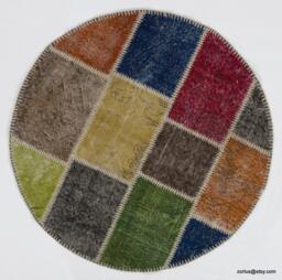 Handmade Round Turkish Patchwork Rug Colorful Wool Rug - thumbnail 1