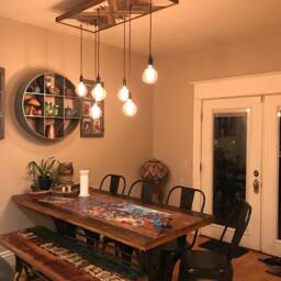 Reclaimed Wood Modern Chandelier With Unique Geometric Design - Large Eco-Chic Pendant Lighting Hangout - thumbnail 3