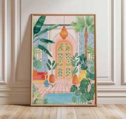 Moroccan Courtyard Poster, Boho Tropical Wall Art, Exotic Architecture Print, Colorful Travel Decor, Mediterranean Home Art Poster - thumbnail 1