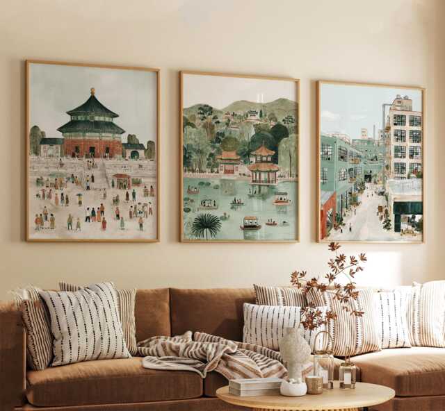 Beijing China Poster Set Of 3, Vintage Inspired City Landscape Wall Art, Neutral Travel Prints - image 1