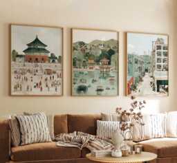 Beijing China Poster Set Of 3, Vintage Inspired City Landscape Wall Art, Neutral Travel Prints - thumbnail 1