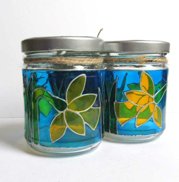 Handpainted Upcycled Glass Jars, Yellow Daffodils, Candel Holders, Home Decor, Spring - image 1
