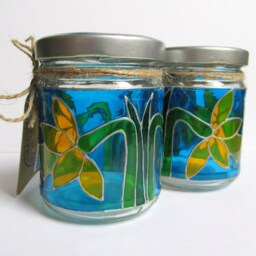 Handpainted Upcycled Glass Jars, Yellow Daffodils, Candel Holders, Home Decor, Spring - thumbnail 4